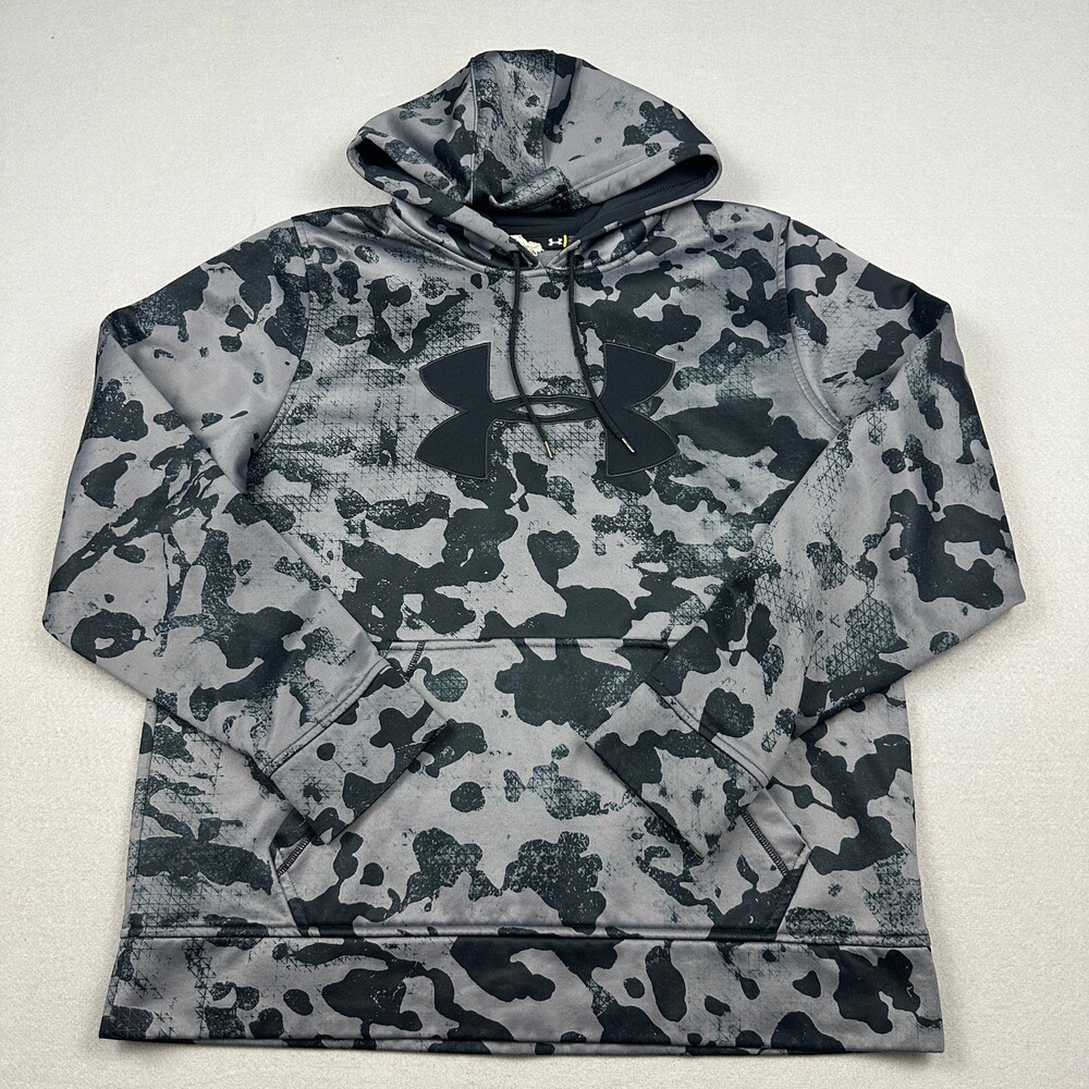 Under Armour Hoodie Men Large Gray Black Camo Loose Fit Pullover Hunting L